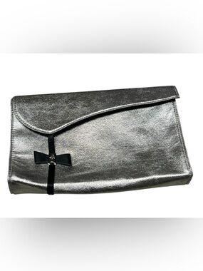 Thierry Mugler silver metallic faux leather bow envelope cosmetic bag clutch